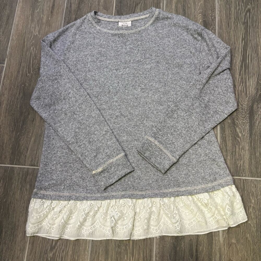 Knox Rose Heather Gray Knit Tunic Top Lace Trim Size S